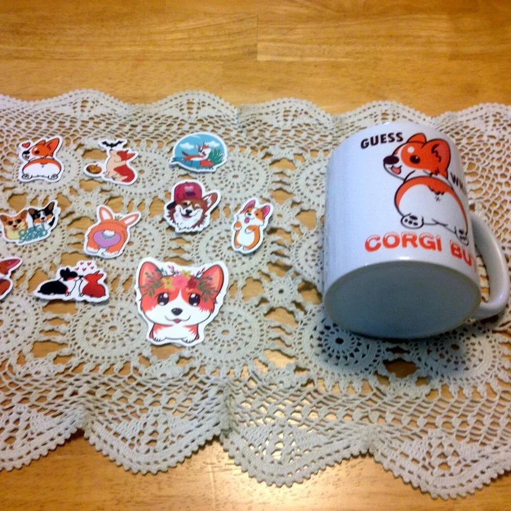 Corgi Alert! Humorous coffee cup and stickers, guess what? Corgi Butt